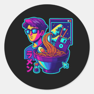 Neon Cyber Ramen - Vaporwave Retro Ästhetische Kun Runder Aufkleber
