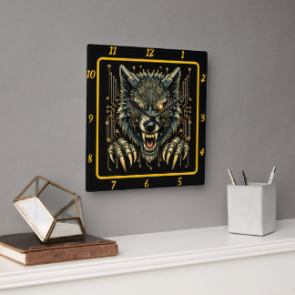 Neon Cyber Wolf Luminous Quadratische Wanduhr