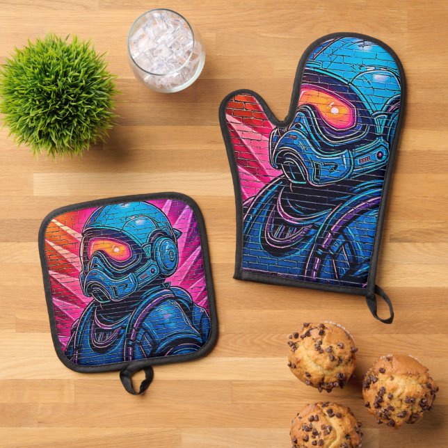 Neon Cyberpunk Astronaut Ofenhandschuh & Topflappen-Set (Oben Unten)