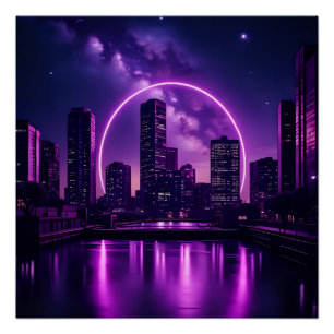 Neon Cyberpunk Cityscape - futuristisch Lila Poster