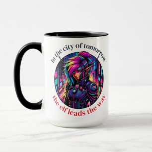 Neon Cyberpunk Elf in Futuristic Cityscape Tasse