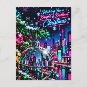 Neon-Cyberpunk-Stadt gespiegelt in Weihnachten Postkarte
