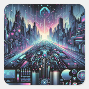 Neon Cyberworld Quadratischer Aufkleber