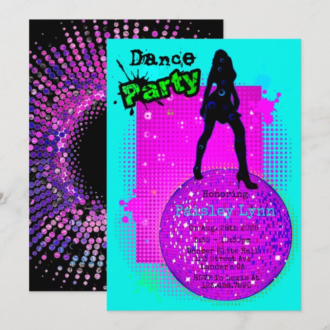 Neon Dance Birthday Party Einladung (Vorne/Hinten)