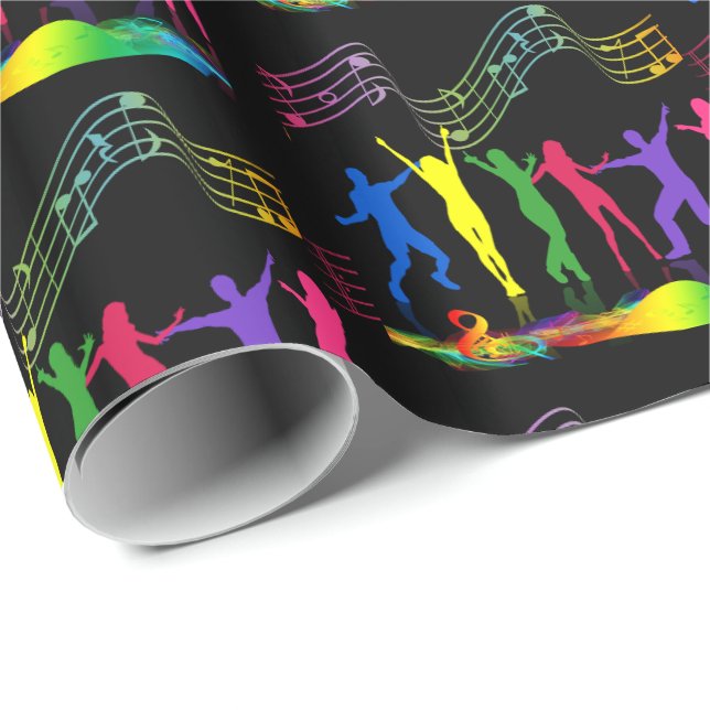 Neon Dance Party Music People on Black Geschenkpapier (Rolleneckpunkt)
