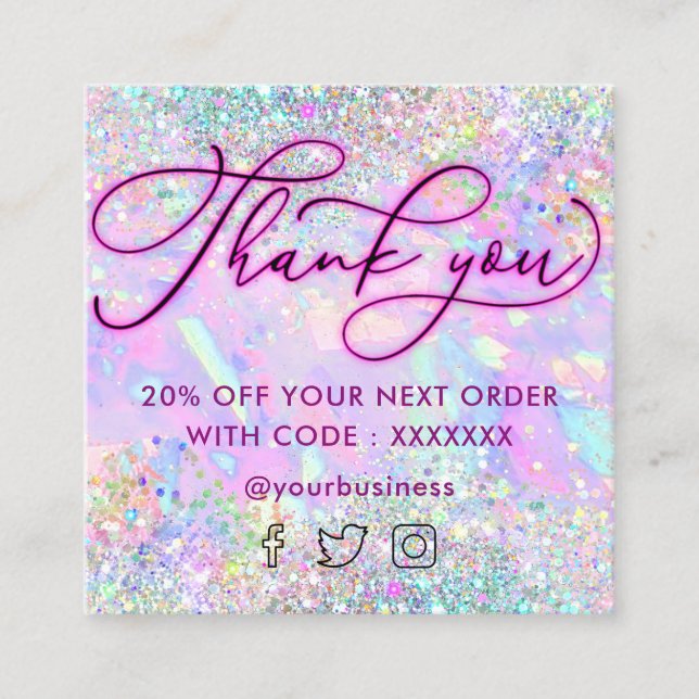 neon danke Ihnen Glitzer Opal Texture Discount-Kar Quadratische Visitenkarte (Vorderseite)