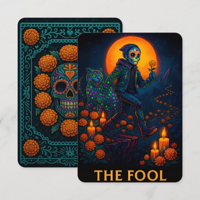 Neon Dia de los Muertos The Fool Tarot Card (Vorne/Hinten)