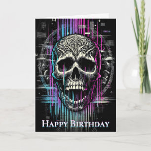 Neon Digital Decay Gothic Cyber Skull Dankeskarte