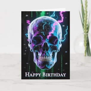 Neon Digital Decay Gothic Cyber Skull Dankeskarte