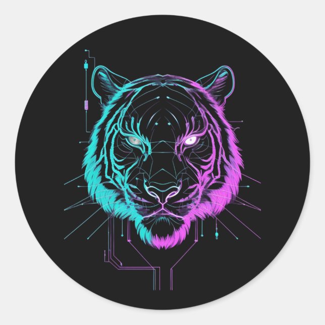 Neon digital tiger art runder aufkleber (Vorderseite)