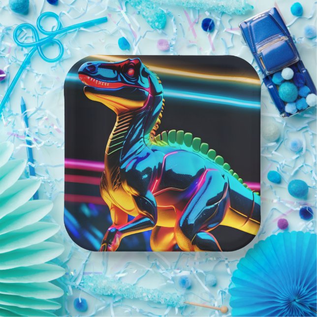 Neon Dinosaur Pappteller (Party)