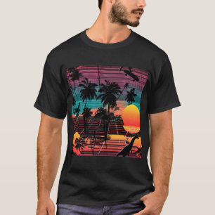 Neon-Dinosaurier und Skater bei Sonnenuntergang T-Shirt