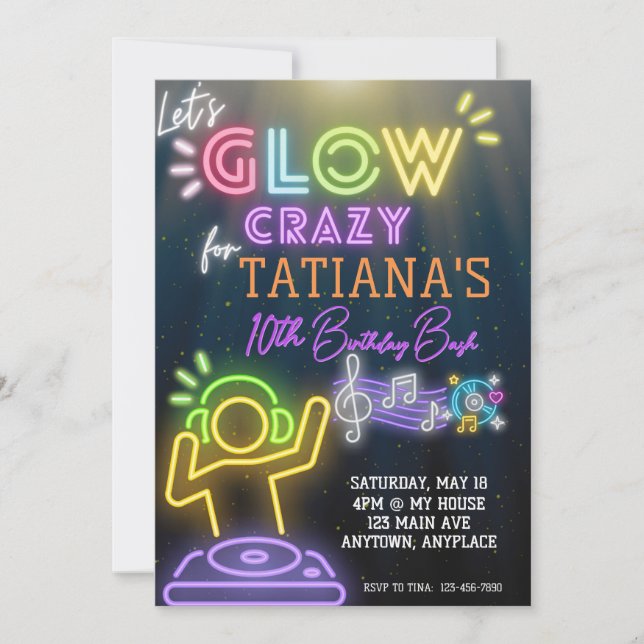 Neon DJ Glow Party Einladung zum Geburtstag (Vorderseite)