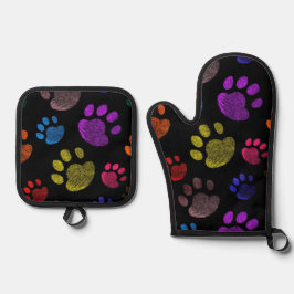 Neon Dog Paw Muster Ofenhandschuh & Topflappen-Set