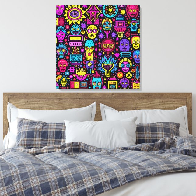 Neon Doodle Faces - Vibrant Street Art Pattern Leinwanddruck (Insitu (Schlafzimmer))