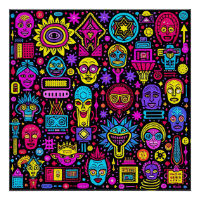 Neon Doodle Faces - Vibrant Street Art Pattern