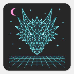 Neon-Drache Synthwave – Retro-Feuerbestie Quadratischer Aufkleber