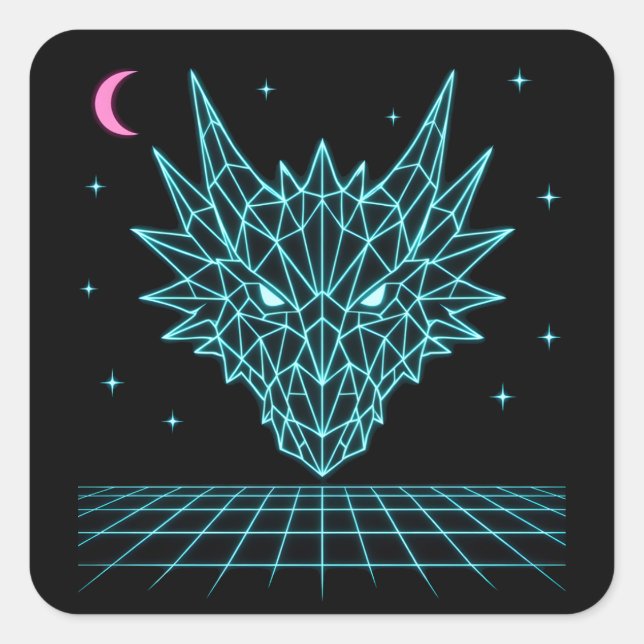 Neon Dragon Synthwave – Retro Fire Beast Quadratischer Aufkleber (Vorderseite)