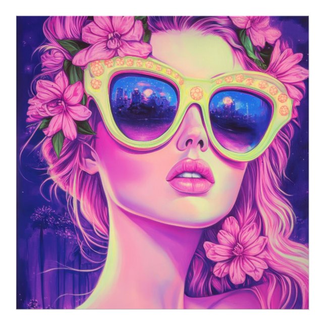 Neon Dream Girl mit BläserSonnenbrille Fotodruck (Vorne)