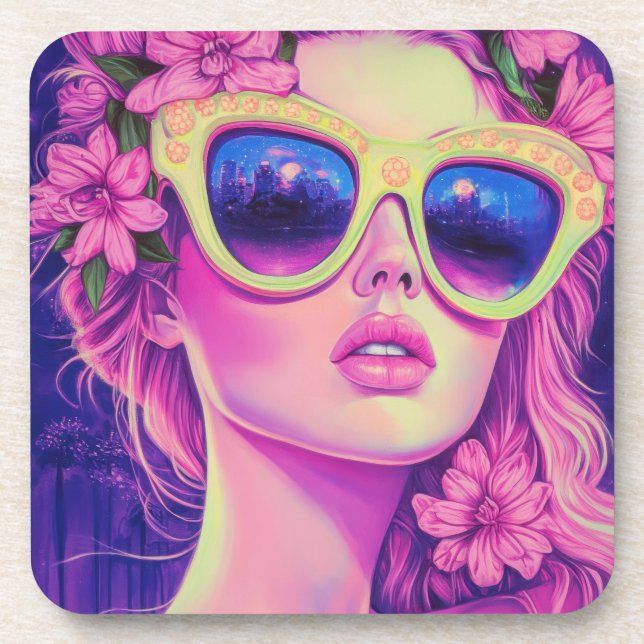 Neon Dream Girl mit BläserSonnenbrille Getränkeuntersetzer (Vorderseite)