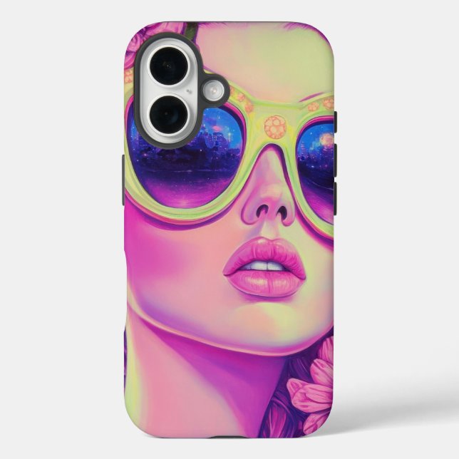 Neon Dream Girl mit BläserSonnenbrille iPhone 16 Hülle (Rückseite)