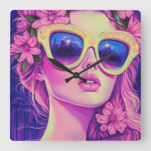 Neon Dream Girl mit BläserSonnenbrille Quadratische Wanduhr