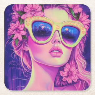 Neon Dream Girl mit BläserSonnenbrille Rechteckiger Pappuntersetzer