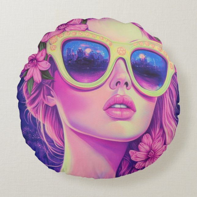 Neon Dream Girl mit BläserSonnenbrille Rundes Kissen (Vorderseite)