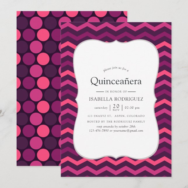 Neon-Effekt lila und rosa Quinceanera Einladung (Vorne/Hinten)