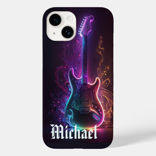 Neon Electric Gitarre Personalisiert Name Case-Mate iPhone 14 Hülle (Rückseite)