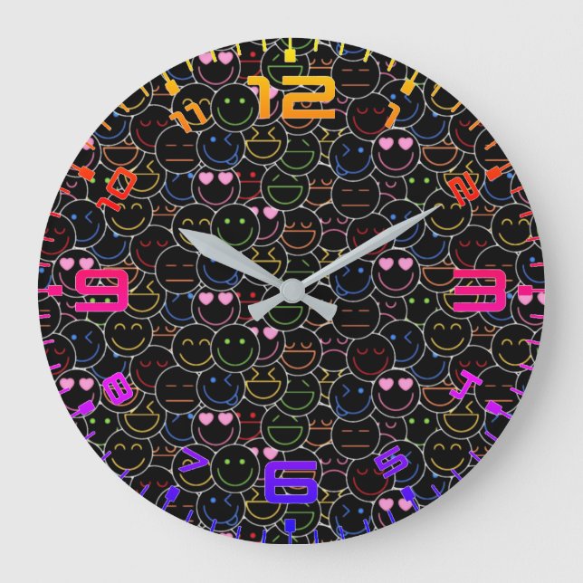 Neon Emoticon Clock - Moderne Retro Vibes Große Wanduhr (Vorderseite)