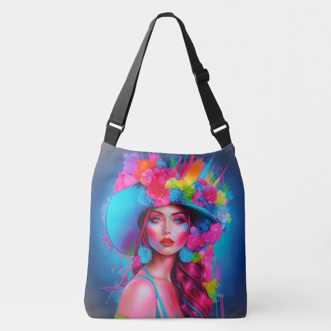 Neon Fantasy Floral Portrait Tragetaschen Mit Langen Trägern (Vorderseite)