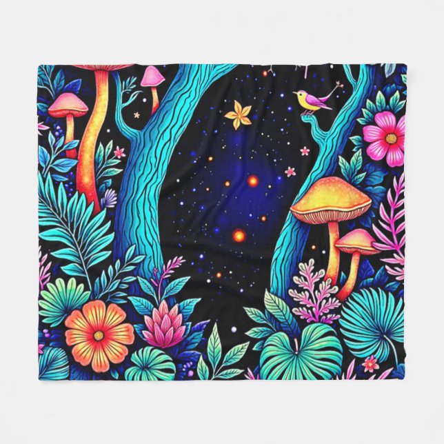 Neon Fantasy Forest Night Glow Design Fleecedecke (Vorderseite (Horizontal))