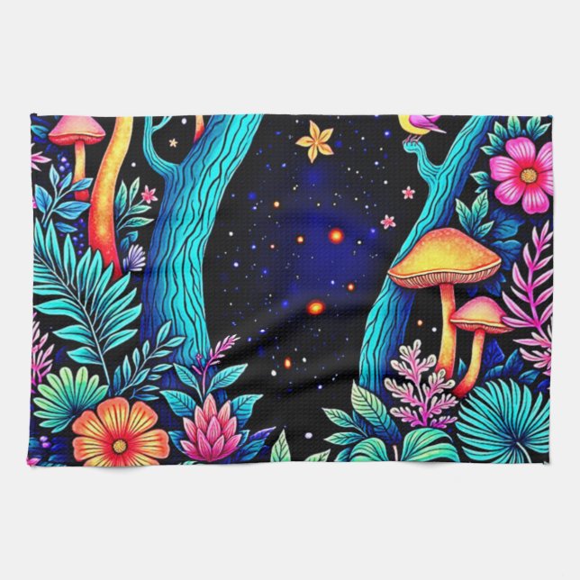 Neon Fantasy Forest Night Glow Design Geschirrtuch (Horizontal)
