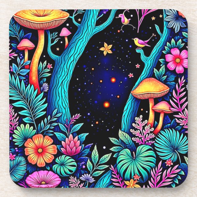 Neon Fantasy Forest Night Glow Design Getränkeuntersetzer (Vorderseite)
