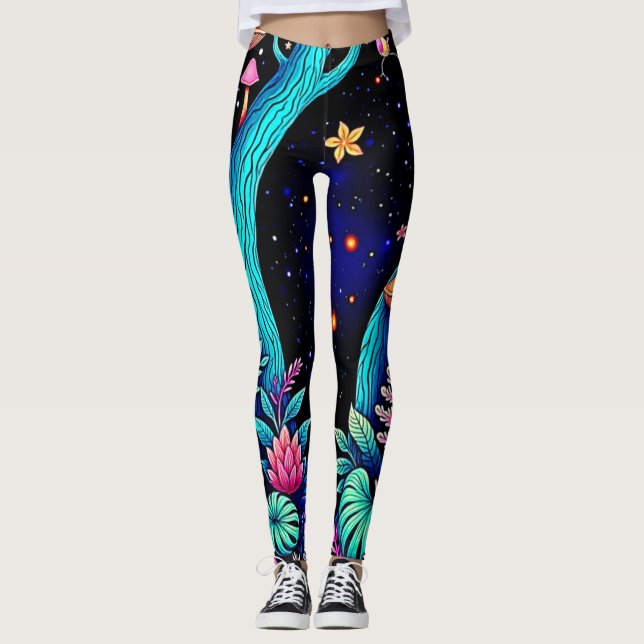 Neon Fantasy Forest Night Glow Design Leggings (Vorderseite)