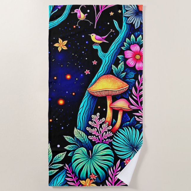 Neon Fantasy Forest Night Glow Design Strandtuch (Vorderseite)