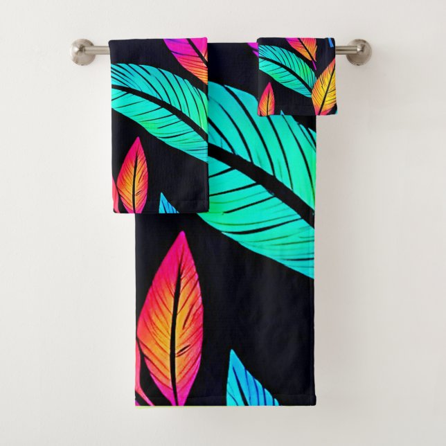 Neon Feather Pattern Die pulsierende Kunst Badhandtuch Set (Insitu)