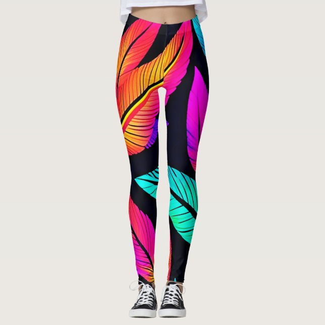 Neon Feather Pattern Die pulsierende Kunst Leggings (Vorderseite)