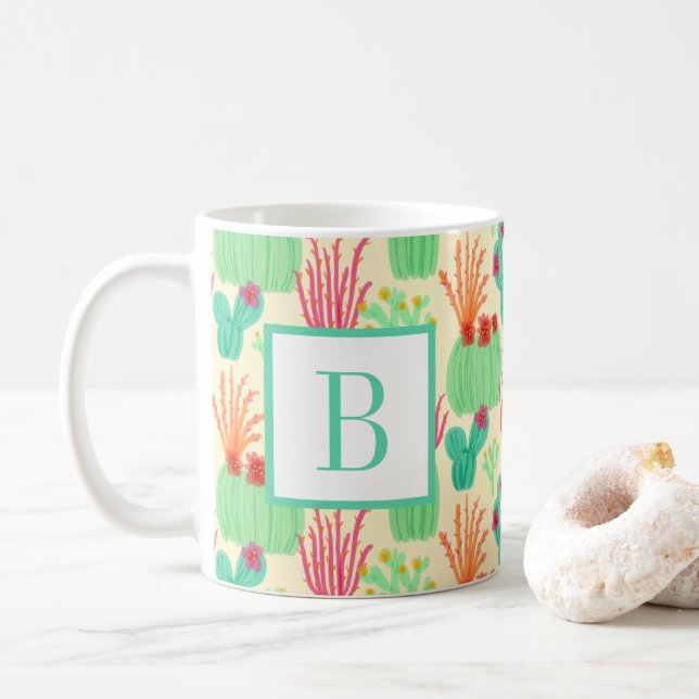 Neon Feigenkaktus Ocotillo Kaktus Wüsteninitiale Kaffeetasse (Mit Donut)
