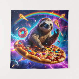 Neon Fire-Breathing Sloth in Cosmic Pizza Galaxy Wandteppich