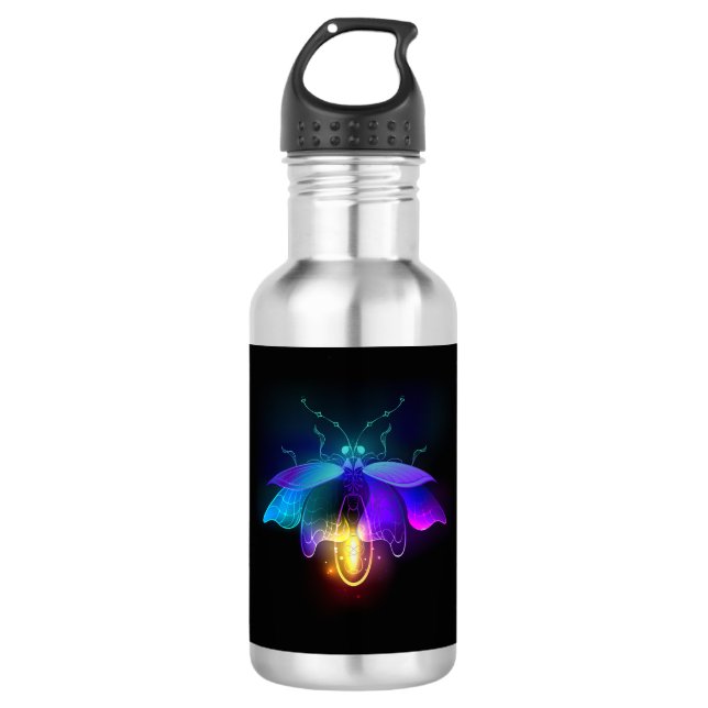Neon Firefly auf schwarz Edelstahlflasche (Vorderseite)