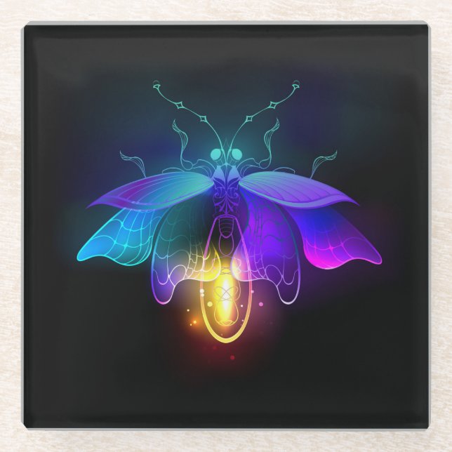 Neon Firefly auf schwarz Glasuntersetzer (Vorderseite)