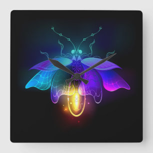 Neon Firefly auf schwarz Quadratische Wanduhr