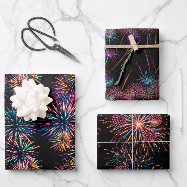 Neon Fireworks Geschenkpapier Set (Vorderseite)