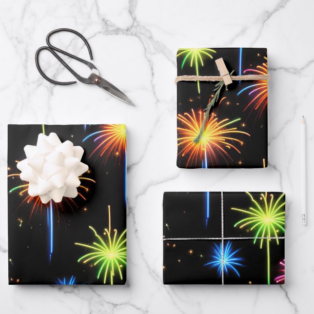 Neon Fireworks on Black Geschenkpapier Set (Vorderseite)