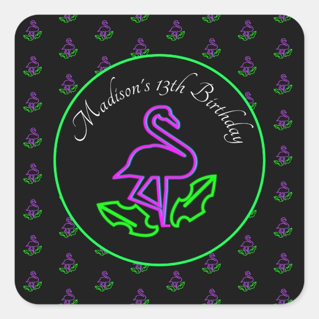 Neon Flamingo Glow Party Tropical Pink Gefallen Quadratischer Aufkleber (Vorderseite)