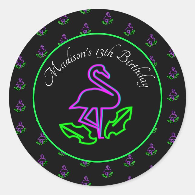 Neon Flamingo Glow Party Tropical Pink Gefallen Runder Aufkleber (Vorderseite)