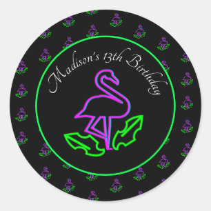 Neon-Flamingo-Glow-Party-Tropisches-Rosa-Geschenk Runder Aufkleber