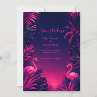 Neon Flamingo Hawaii Tropische Blumen Nacht Hochze Einladung